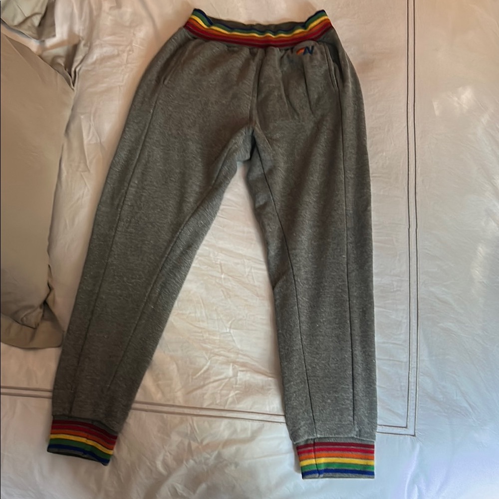 Aviator Nation Gray Track Pants with Rainbow Trim